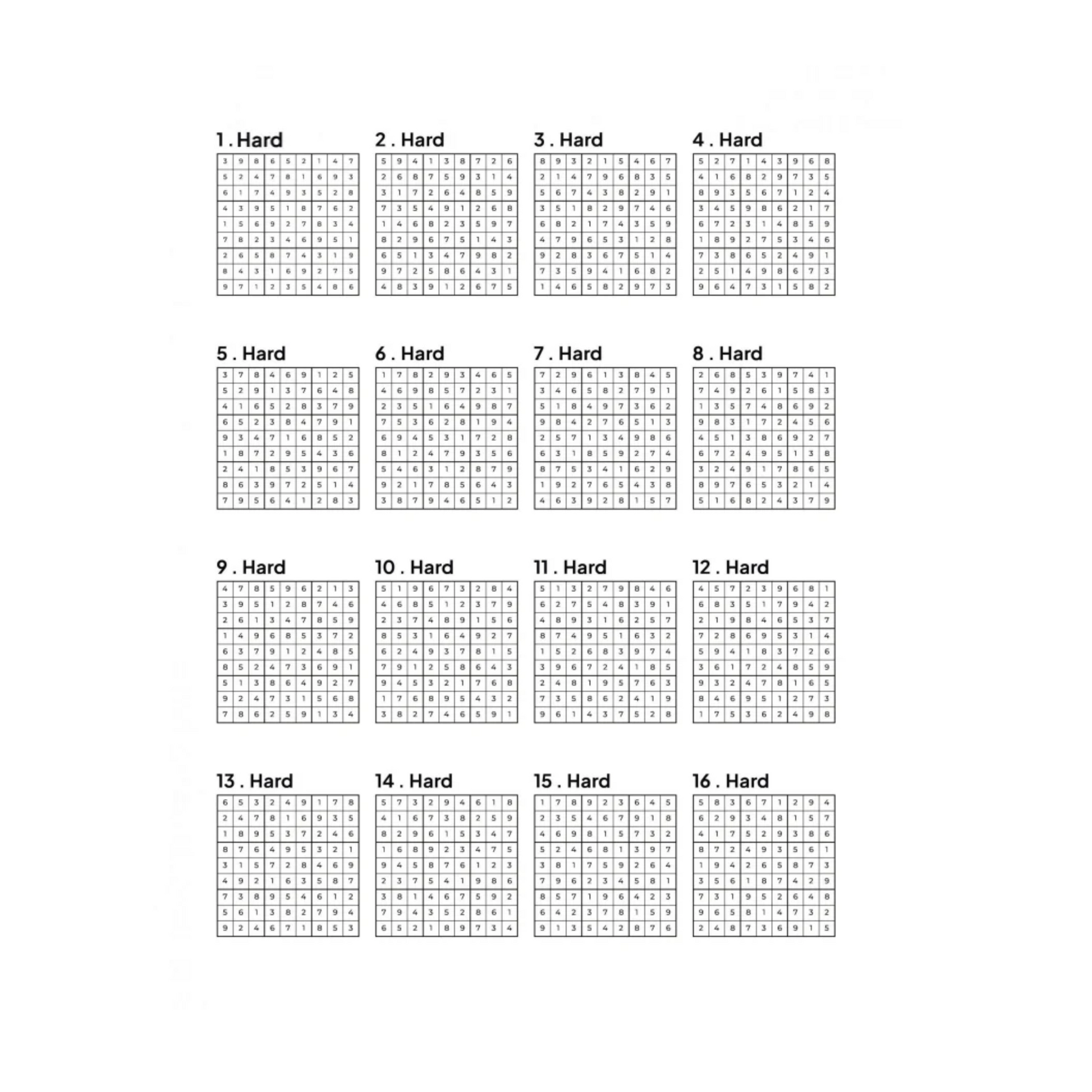 Grid of 16 Sudoku solutions