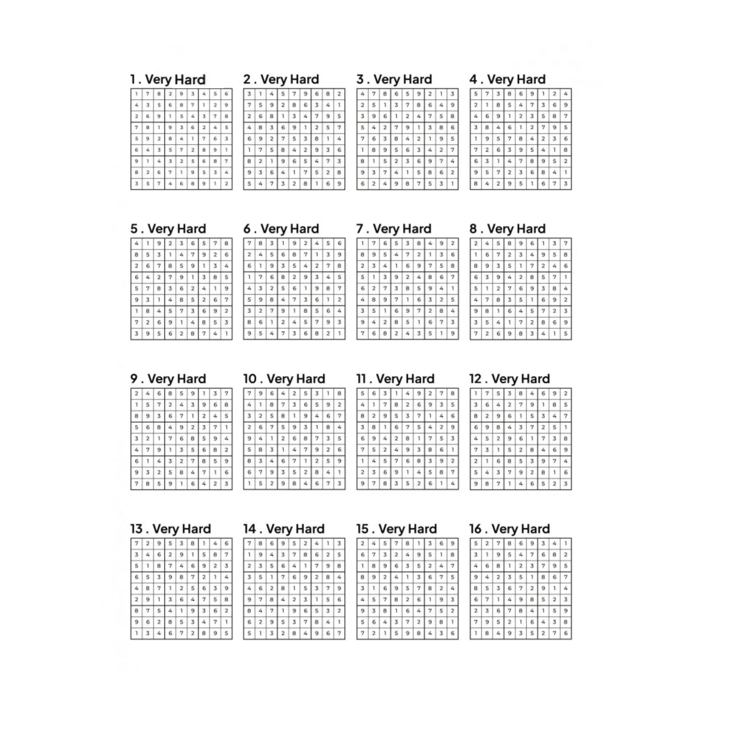 Grid of 16 Sudoku solutions