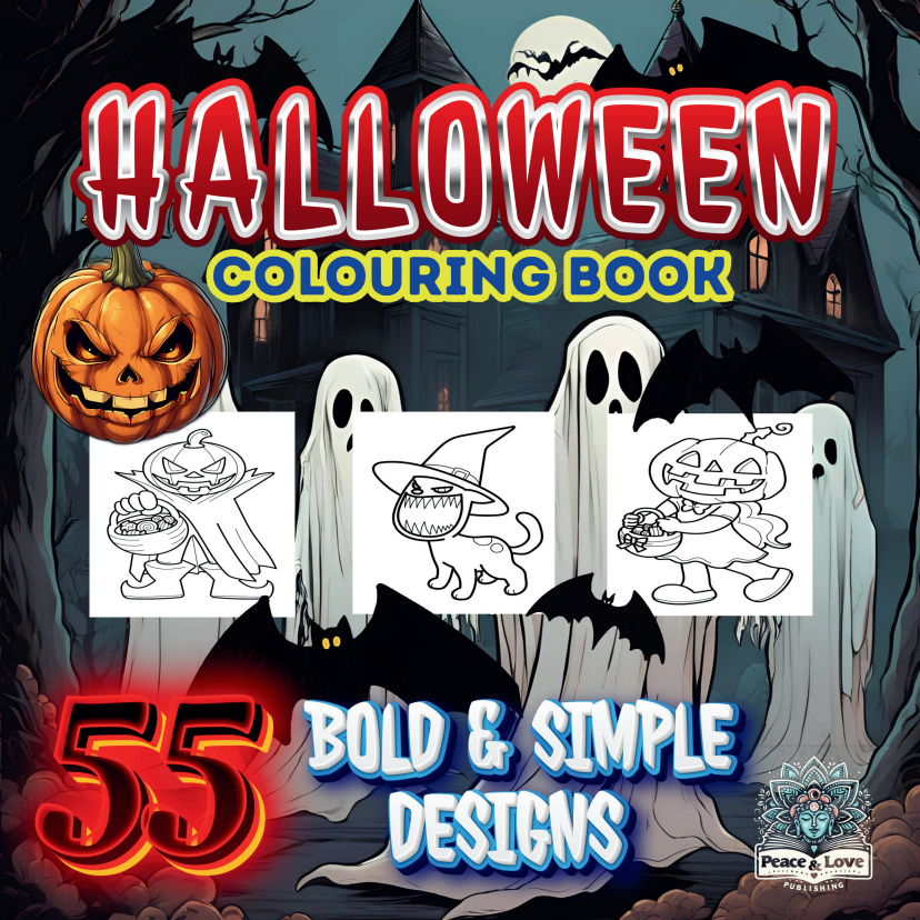 Halloween-themed coloring book cover with pumpkins, ghosts, and bats.