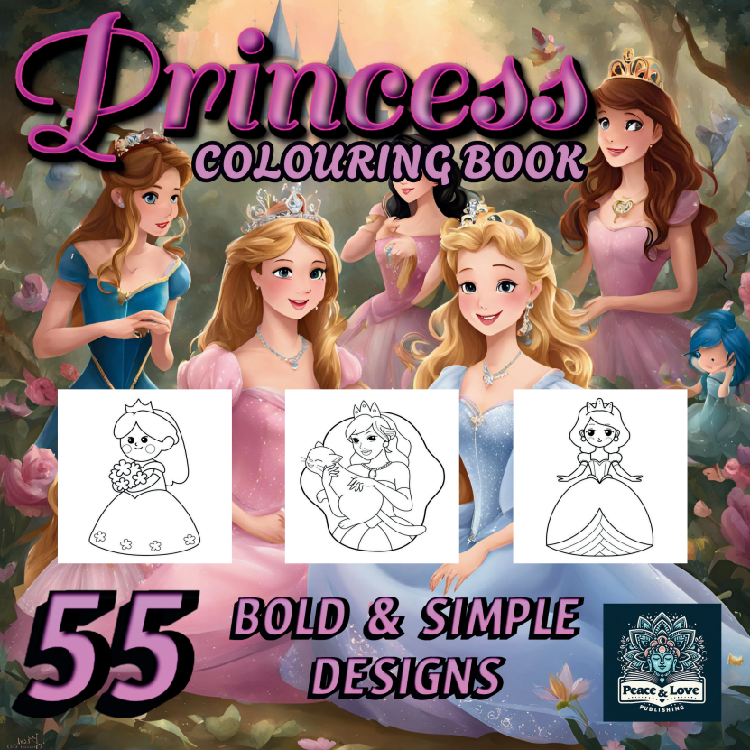 Princess coloring book cover with cartoon princesses and coloring pages.