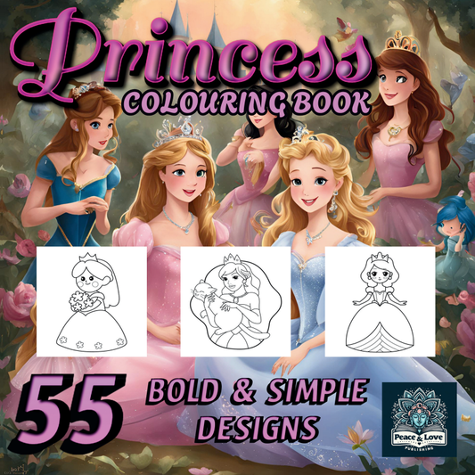 Princess coloring book cover with cartoon princesses and coloring pages.