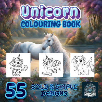Cover of 'Unicorn Colouring Book' with a unicorn illustration and coloring samples.
