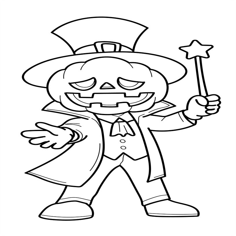 Cartoon pumpkin character in a suit with a top hat and wand, black and white line art.