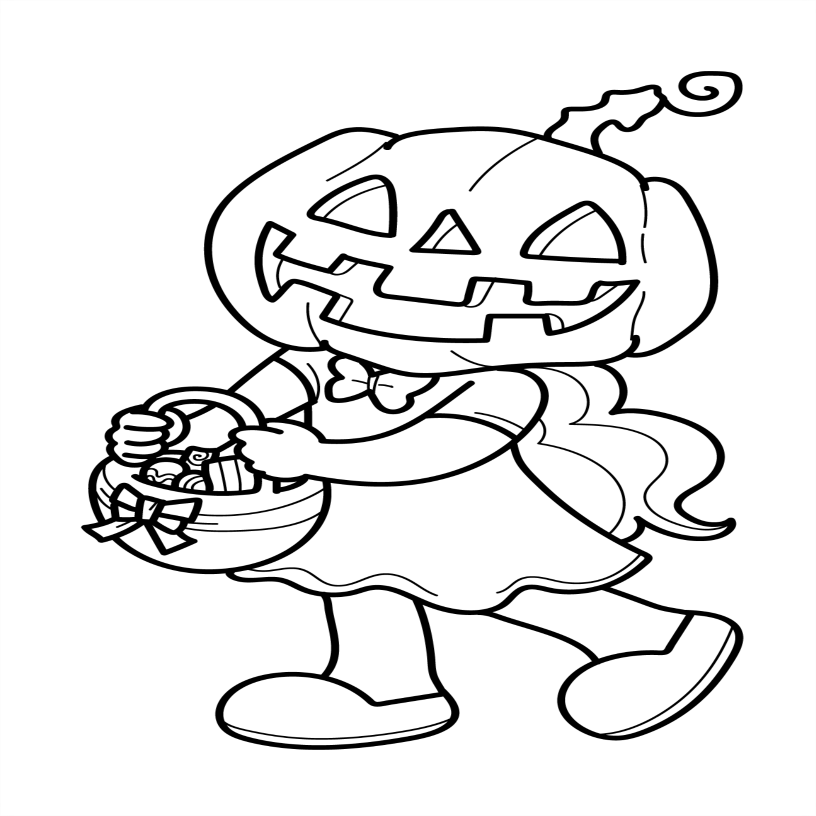 Cartoon character with pumpkin head holding a basket, black and white line art