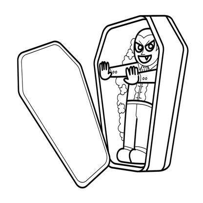 Cartoon character in a coffin with a lid open on a white background