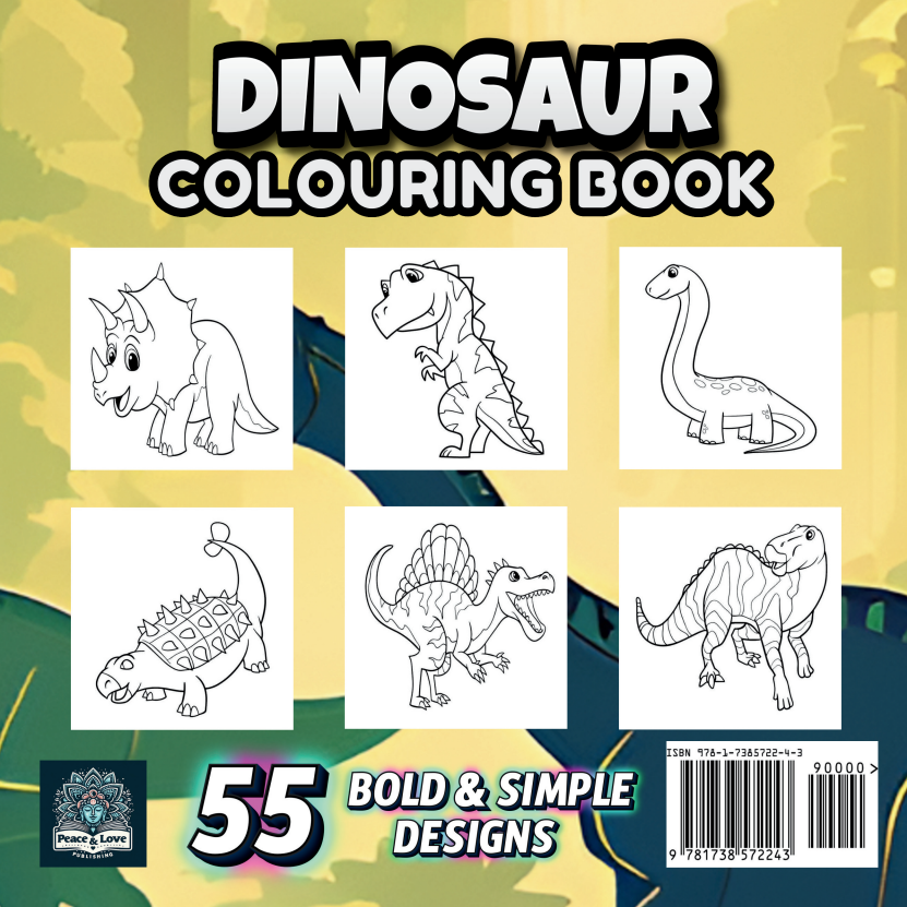 Dinosaur coloring book with illustrations of dinosaurs on a colorful background