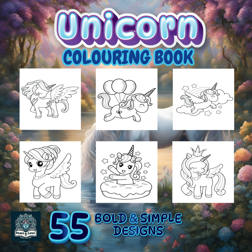 Unicorn coloring book with six designs on a colorful background