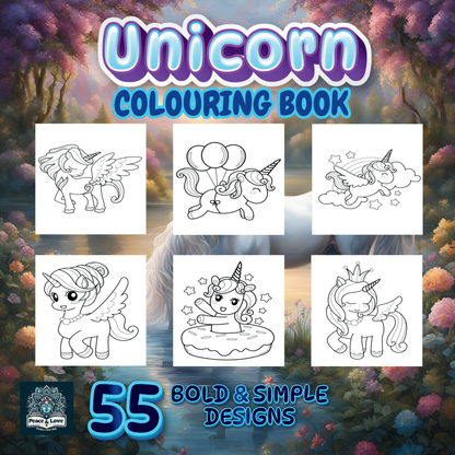 Unicorn coloring book with six designs on a colorful background