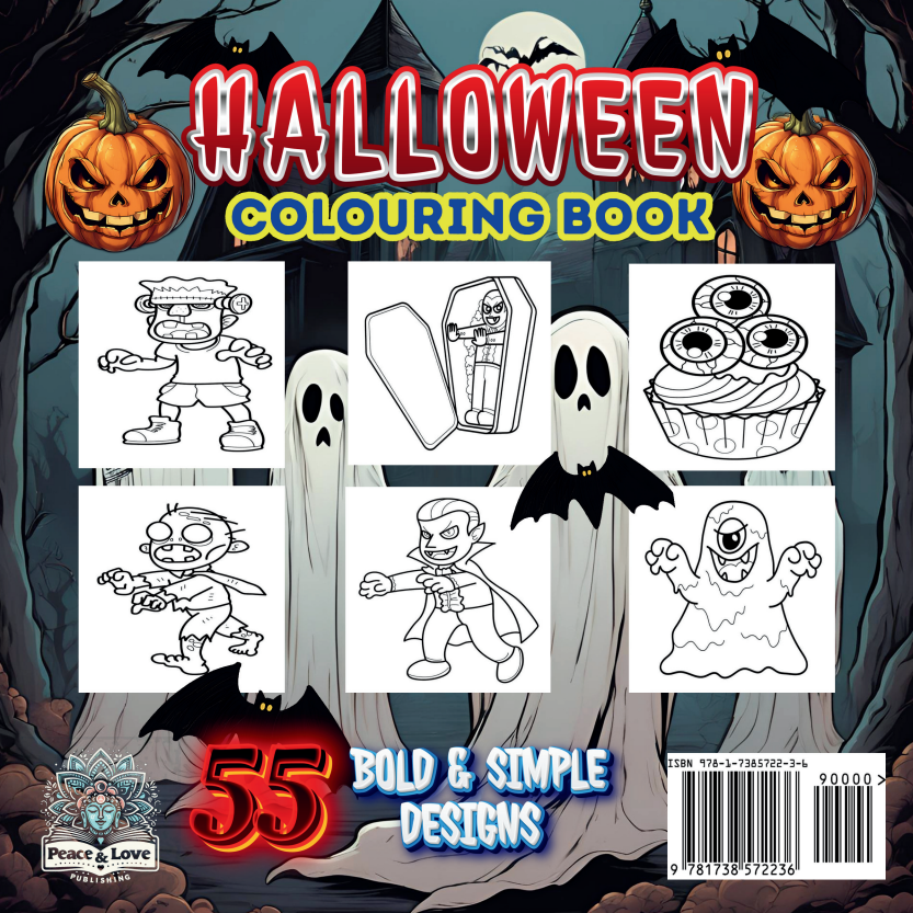 Back cover of a Halloween coloring book with pumpkins and ghost illustrations.
