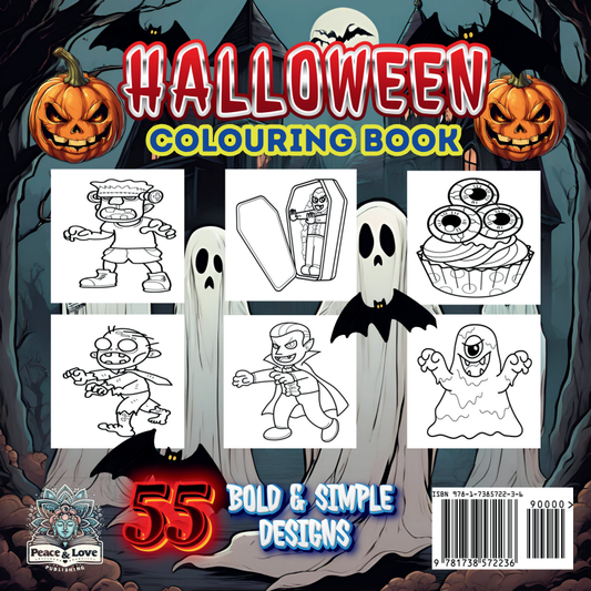 Back cover of a Halloween coloring book with pumpkins and ghost illustrations.
