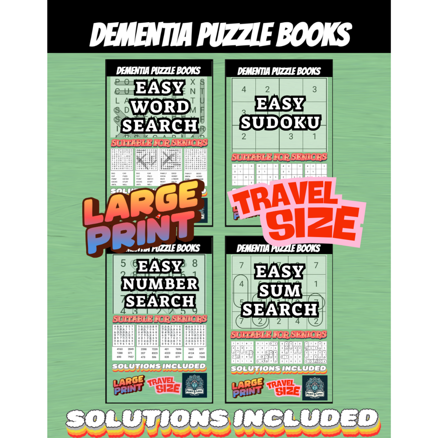 Dementia Puzzle Books - Easy Word Search - Suitable For Seniors: Large Print - 1 Per Page - Solutions Included - Travel Size 5 x 8