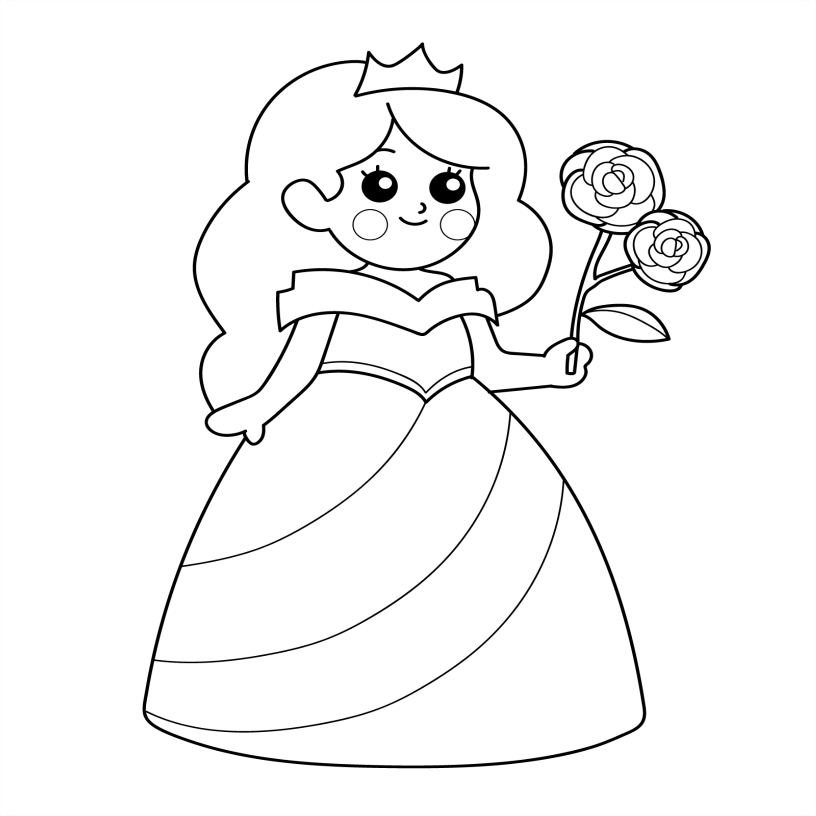 Black and white line drawing of a princess holding a rose.