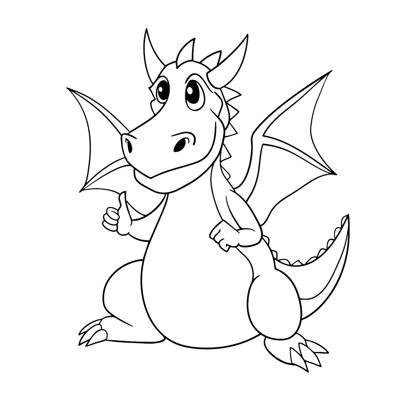 Black and white line drawing of a cartoon dragon on a white background