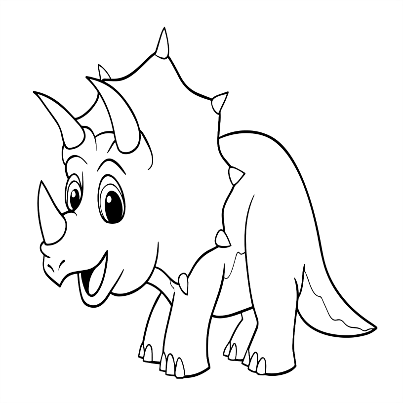 Black and white line drawing of a cartoon dinosaur on a white background