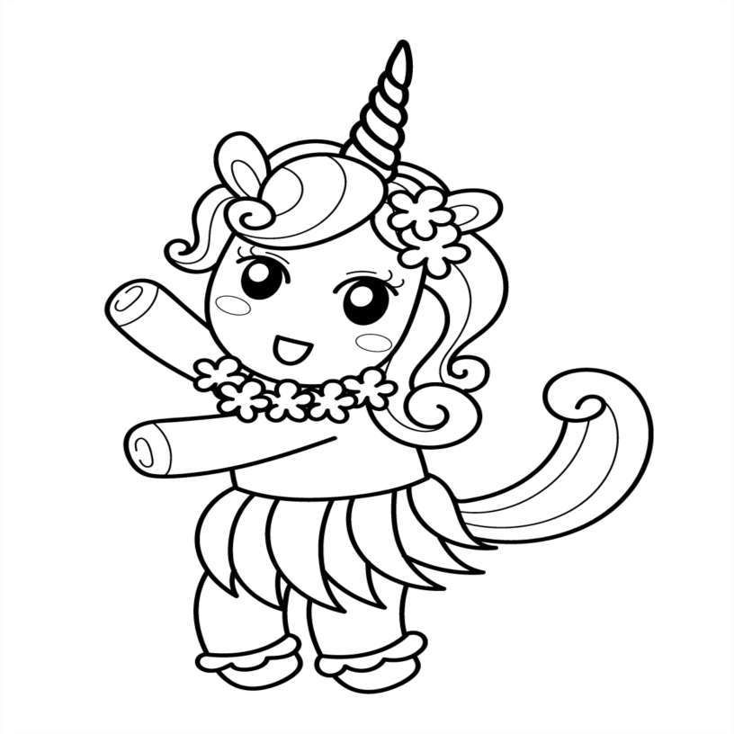 Black and white line drawing of a cartoon character with a unicorn horn and tail, dancing a hula dance
