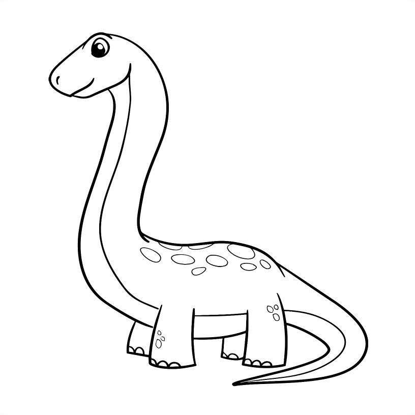 Black and white line drawing of a cartoon dinosaur on a white background