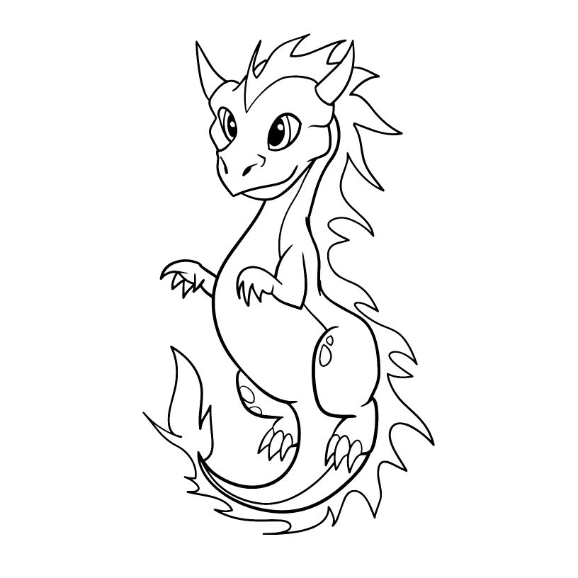 Black and white line drawing of a cartoon dragon on a white background