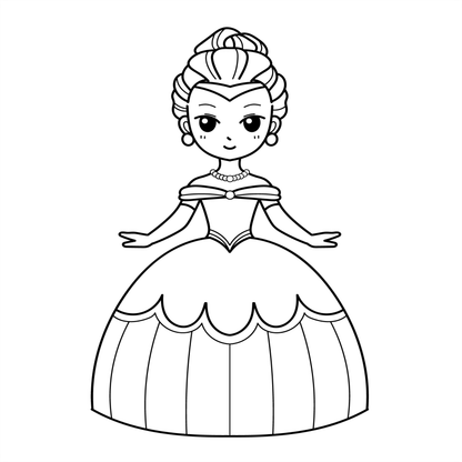 Line drawing of a princess character in a ball gown on a white background