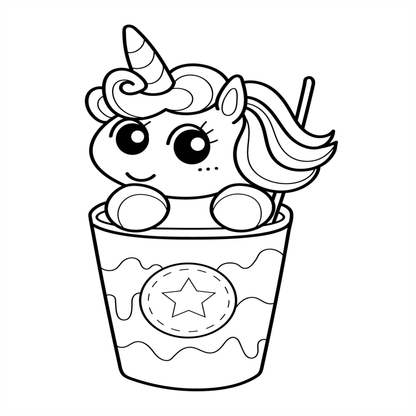 Black and white illustration of a unicorn in a cup with a straw on a white background