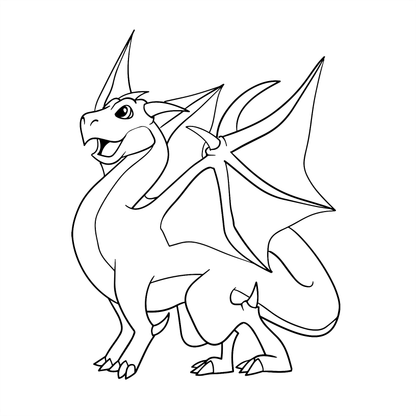 Black and white line drawing of a cartoon dragon on a white background
