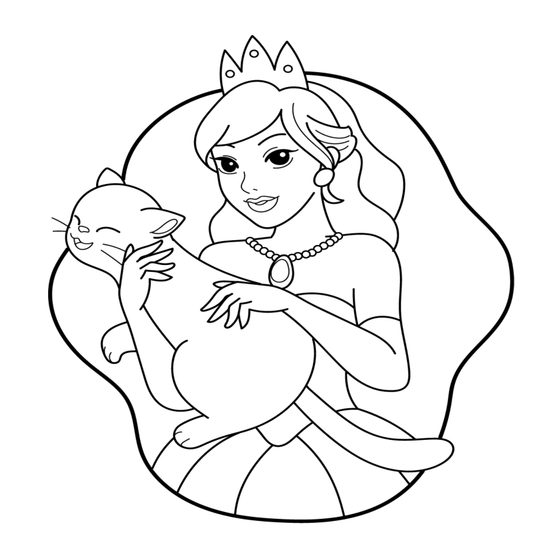 Line art of a princess holding a cat with a tiara and dress.