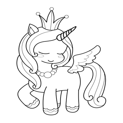 Black and white line drawing of a unicorn with wings and a crown on a white background