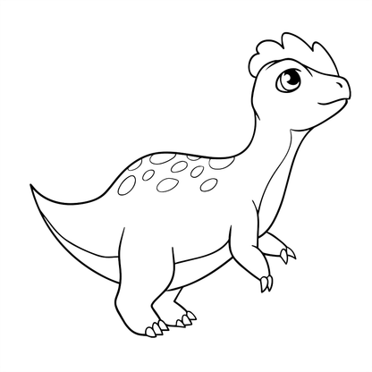 Black and white line drawing of a cartoon dinosaur on a white background