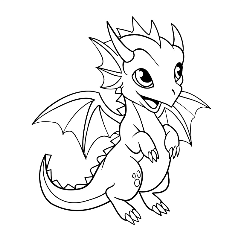 Black and white line drawing of a cartoon dragon on a white background