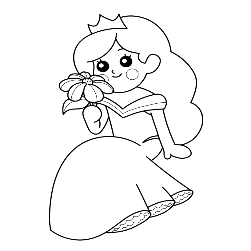 Black and white line drawing of a cartoon character holding a flower