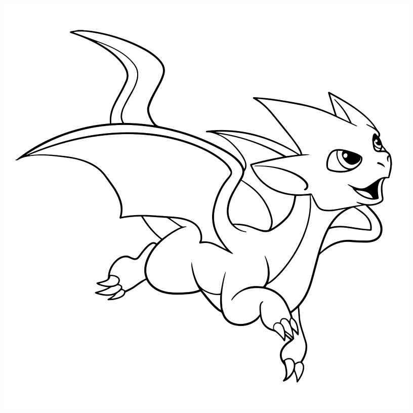 Black and white line drawing of a cartoon dragon on a white background