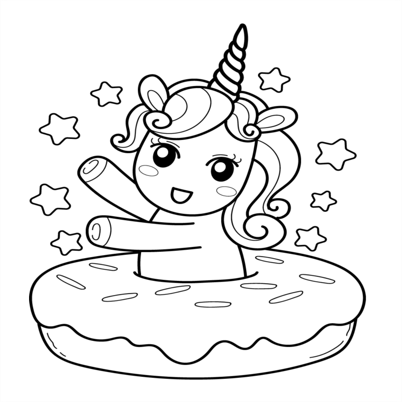 Black and white illustration of a unicorn on an inflatable ring with stars around.