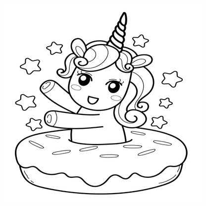 Black and white illustration of a unicorn on an inflatable ring with stars around.