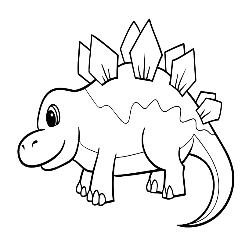 Black and white line drawing of a cartoon dinosaur with a spiky back on a white background