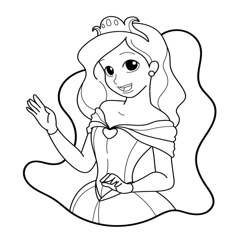 Black and white line drawing of a princess with a tiara and long hair.