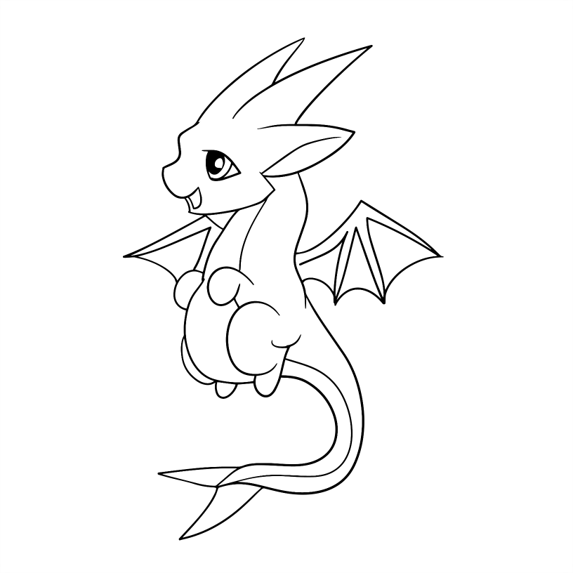 Black and white line drawing of a cartoon dragon on a white background
