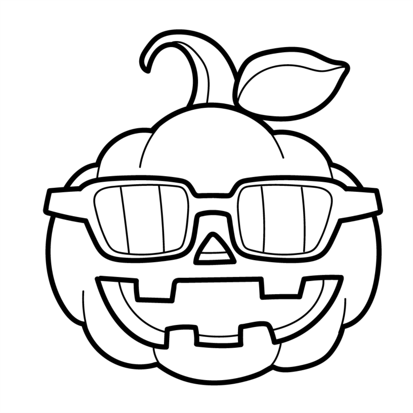 Black and white line drawing of a pumpkin with sunglasses