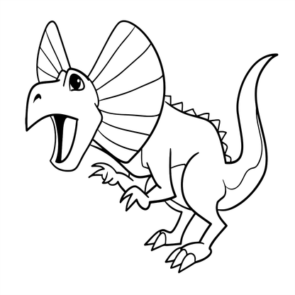 Black and white line drawing of a cartoon dinosaur with a large crest on a white background