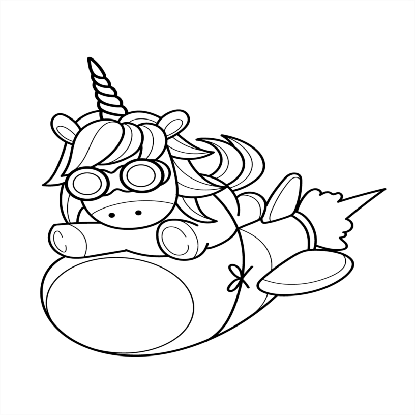 Black and white line drawing of a unicorn with goggles and a bow on a rocket