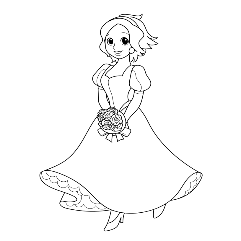 Line drawing of a princess character holding flowers on a white background