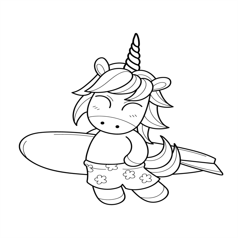 Black and white line drawing of a cartoon unicorn with a surf board on a white background