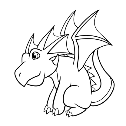 Black and white line drawing of a cartoon dragon on a white background