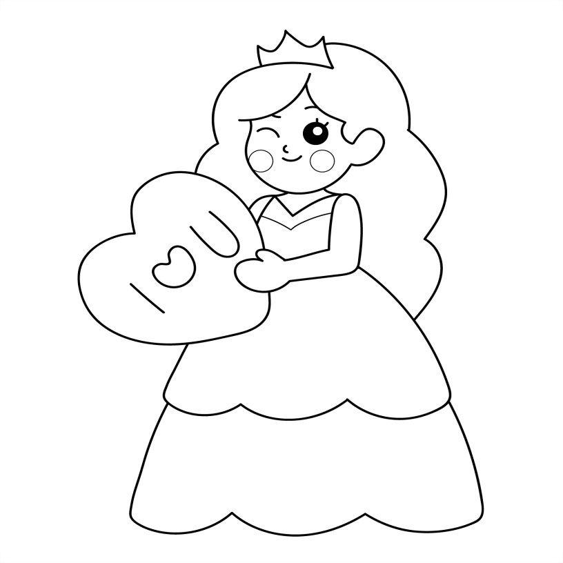 Black and white line drawing of a princess holding a heart