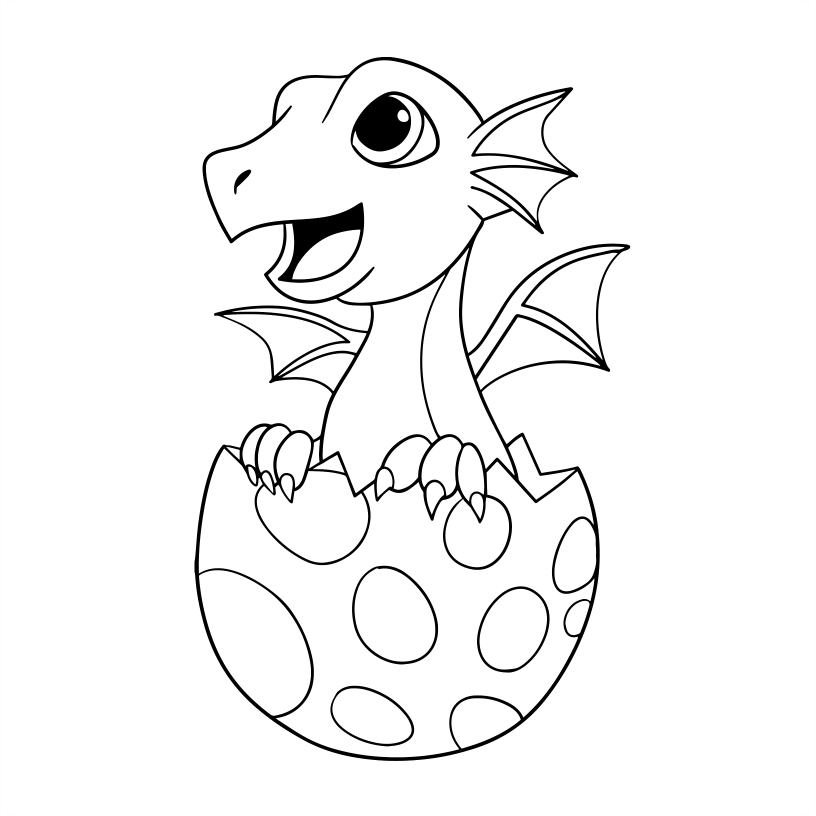 Black and white illustration of a dragon hatching from an egg