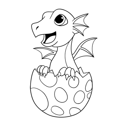 Black and white illustration of a dragon hatching from an egg