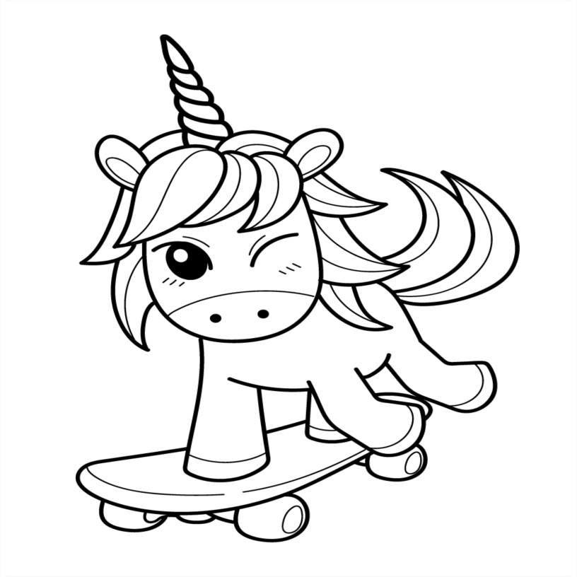 Black and white line drawing of a unicorn riding a skateboard on a white background