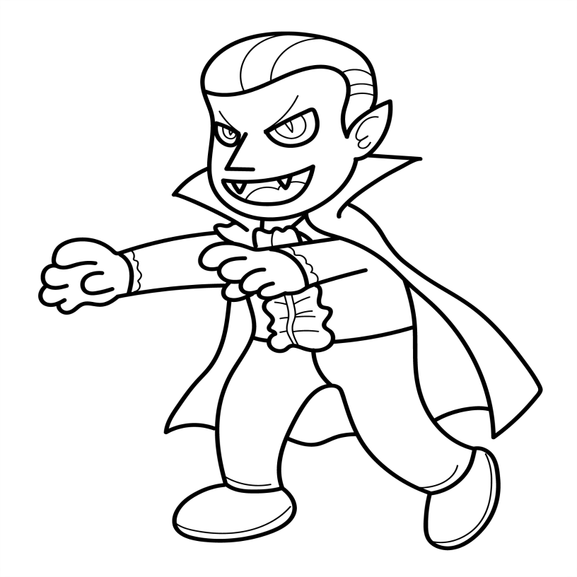 Black and white line drawing of a cartoon character with a cape and pointed hat.