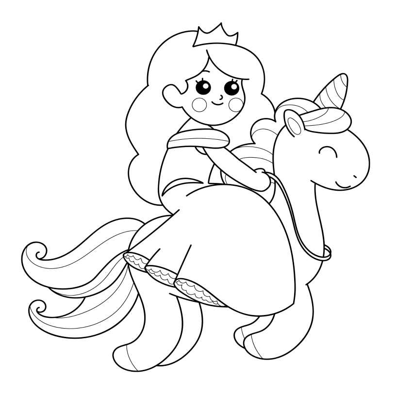 Black and white line drawing of a princess riding a unicorn