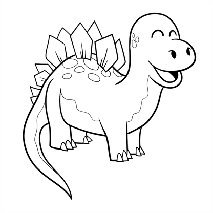 Black and white line drawing of a cartoon dinosaur with a spiky back on a white background