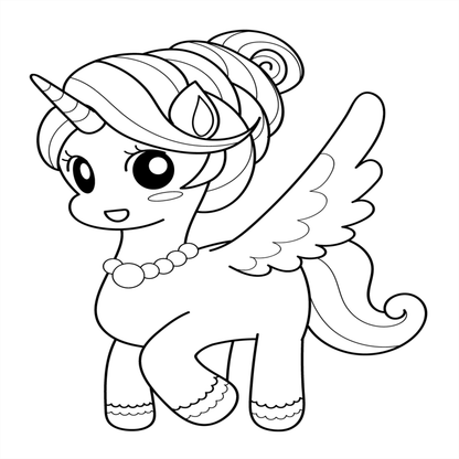 Black and white line drawing of a cartoon pony with wings on a white background