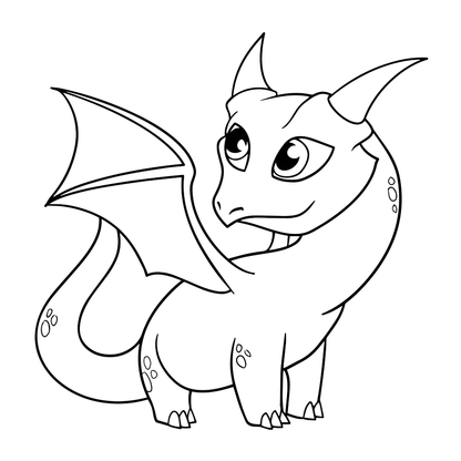 Black and white line drawing of a cartoon dragon on a white background